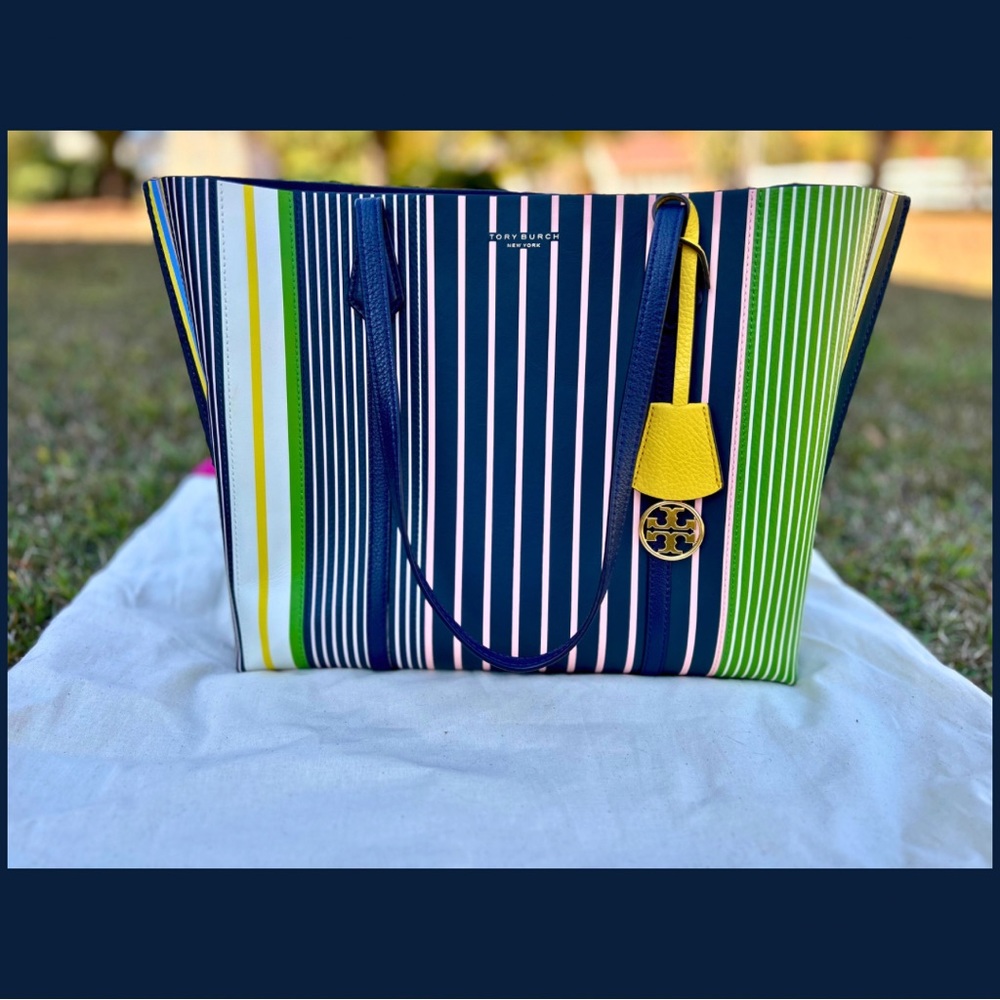 Tory Burch 🔥RARE🔥EUC Field Day Stripe Leather Perry Tote W/ Tory Dust Bag!!